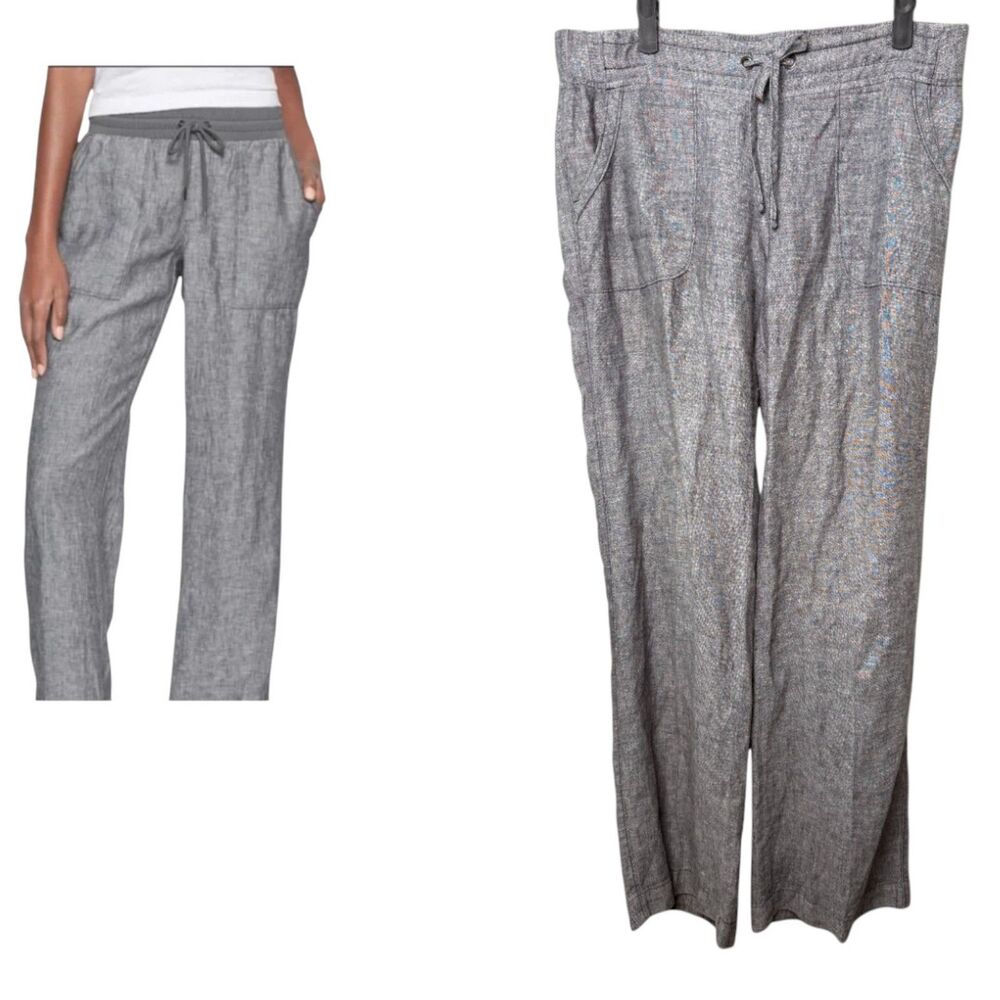 Athleta Bali Heathered Grey Gray Linen Drawstring Wide Leg Pants Size 10